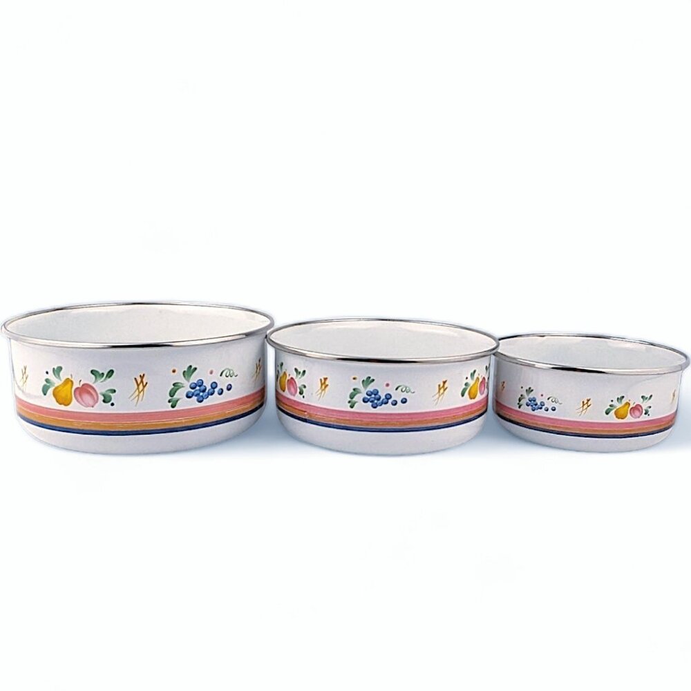 Vintage Enamelware Bowls Nesting Set of 3 Fruit Pattern Stripes